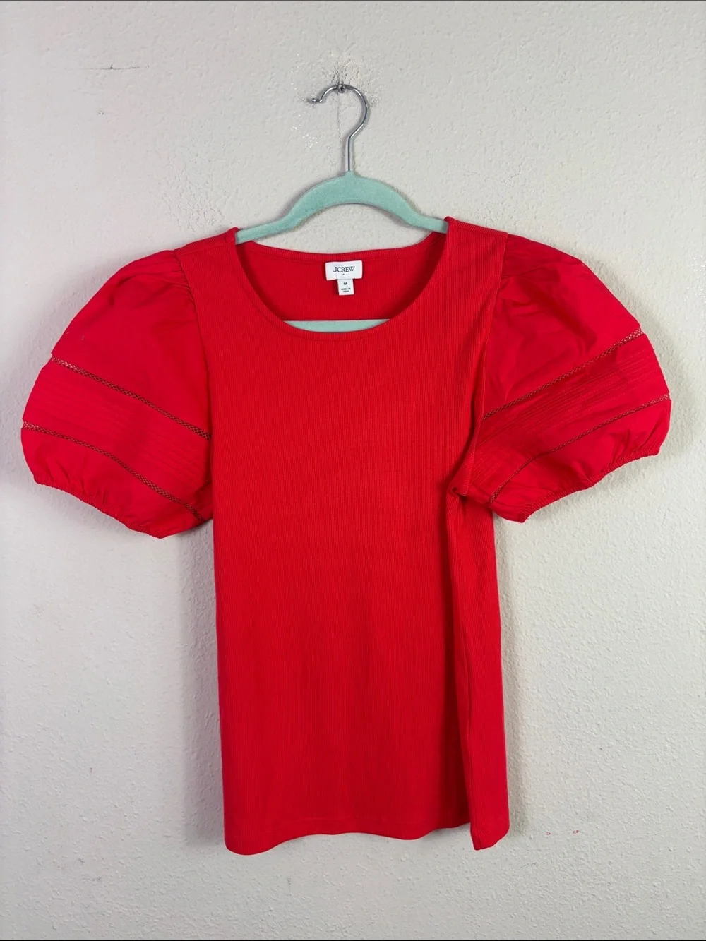 J. Crew Puff Sleeves Ribbed Top in Red size Medium